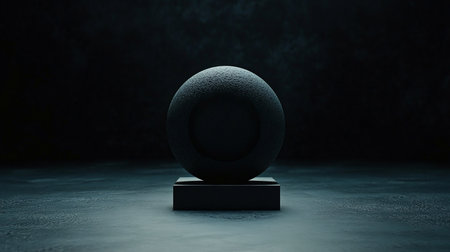 A dark, textured sphere with a concentric inner ring, presented on a minimalist black rectangular pedestal.の素材