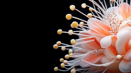 Close-up of a vibrant flower featuring soft peach and orange petals, numerous long white filaments, and fuzzy yellow anthers. Tiny water droplets adorn the delicate surfaces.の素材