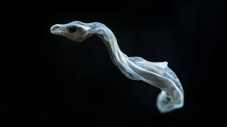 A pale, slender snake with dark eyes is gracefully posed against a stark black backdrop. The snake's skin has a unique texture.の素材