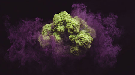 A close-up view of a Romanesco broccoli head, its intricate fractal florets highlighted amidst swirling clouds of vibrant purple smoke.の素材