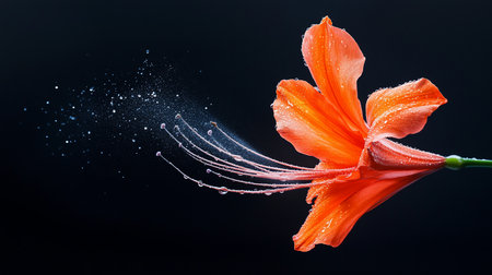 A close-up of a vibrant orange lily flower, adorned with numerous water droplets and a scattering of glittering dust particles.の素材
