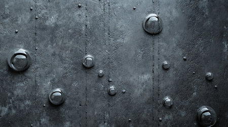 Close-up view of numerous clear, spherical liquid droplets with reflective surfaces scattered across a dark, textured metallic background.の素材