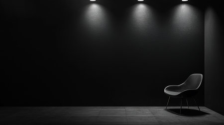 Sleek black chair with curved back and metal legs, positioned in a dark room with tiled floor and textured wall.の素材