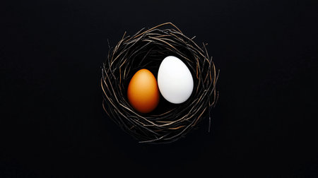 A dark, almost black, woven twig nest holds two contrasting eggs, one a warm brown and the other a stark white, resting together.の素材