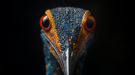 Extreme close-up of a guinea fowl's head, showcasing its intricate, bumpy skin texture in shades of blue, black, and orange, with striking orange eyes.の素材