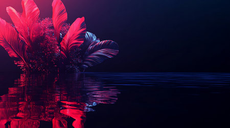 A cluster of stylized neon plants with large, textured leaves and small, berry-like elements, reflected in a rippled water surface. The plants are illuminated with vibrant red and blue hues.の素材