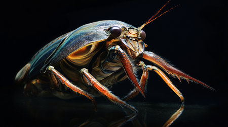A highly detailed macro photograph showcases a striking insect with a metallic, iridescent carapace and segmented, spiky legs, posed against a dark background.の素材
