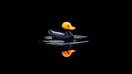 A modern rubber duck toy with a sleek, matte black body and a contrasting vibrant orange head and beak. The minimalist design features a smooth texture and a simple profile.の素材