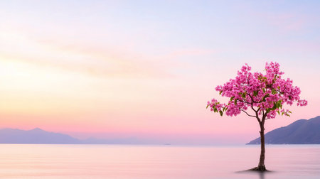 A single tree with a dense canopy of bright pink flowers stands in calm water, with mountains in the distance.の素材