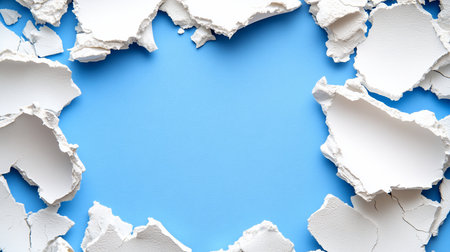 Shattered pieces of white, textured plaster with cracked surfaces and rough, broken edges are arranged to form an irregular, abstract frame with a central opening.の素材