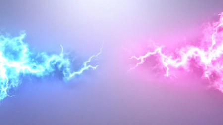 Vivid blue and pink lightning bolts converge, showcasing electric energy with bright, crackling lines against a soft gradient backdrop.の素材