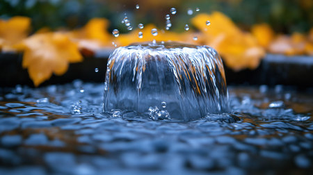 A clear, bubbling water feature gushes upwards, forming a smooth, glassy dome. Small, sparkling droplets are frozen in motion as they splash into the air.の素材