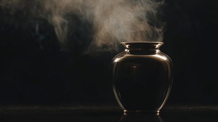 A sleek, dark, polished vessel with a wide base and narrow opening, emitting a plume of soft, light-colored smoke.の素材