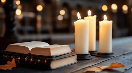 Three lit white candles stand beside an open book atop a stack of leather-bound books, with a fallen leaf nearby.の素材