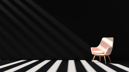 A single, soft pink armchair with a light cushion and wooden legs sits against a textured black wall, illuminated by stark diagonal light beams.の素材