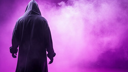 Back view of a hooded figure wearing a dark robe and gloves, standing in a cloud of purple smoke.の素材