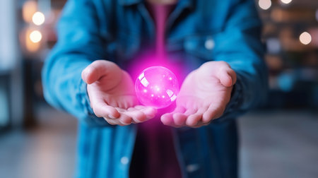 Two hands gently hold a luminous pink orb, reflecting light. The orb appears to float above the palms, emitting a soft, magical glow.の素材