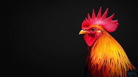 Striking rooster portrait featuring bright orange and yellow feathers, a textured red comb, and a sharp yellow beak, set against a dark background.の素材
