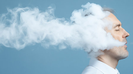 Side profile of a mature man with gray hair and stubble, wearing a white shirt, exhaling a large cloud of white smoke with eyes closed.の素材