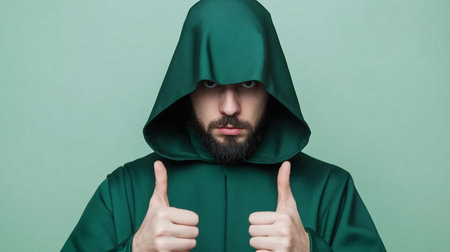 A bearded man wearing a green hooded robe gives two thumbs up, looking directly at the camera with a serious expression.の素材