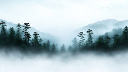 A dense forest of evergreen trees shrouded in mist, with layers of mountains fading into the distance under a soft, muted light.の素材
