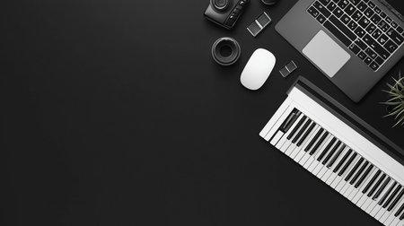 A sleek black and white keyboard with visible keys and controls, positioned on a dark, flat surface, modern design.の素材