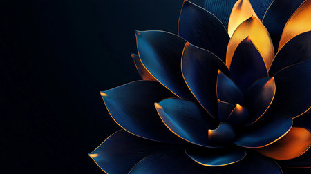 An abstract, succulent-like flower composed of dark blue petals with a fine linear texture. The petal edges and tips are illuminated with a warm, glowing golden-orange light.の素材
