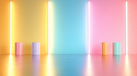 Six pastel-colored cylindrical pedestals stand on a reflective surface, bathed in the glow of vertical neon lights.の素材