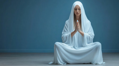 Young woman in flowing white hooded robe, eyes closed, holding a luminous white crystal between pressed palms, serene and contemplative.の素材
