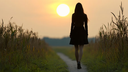 A woman with long dark hair, wearing a black dress and heels, walks away from the camera on a path through a field of tall grass towards a bright sunset.の素材