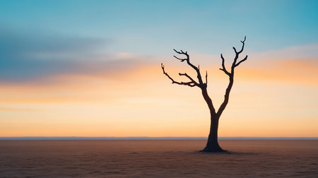 A stark, leafless tree with textured bark and slender branches stands prominently in a barren, arid desert environment.の素材