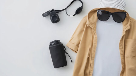 Flat lay of travel essentials including a tan shirt, striped hat, black sunglasses, headphones, and a black water bottle with a neoprene sleeve.の素材