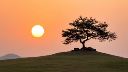 A lone, mature tree with a full canopy stands silhouetted on a grassy hill, bathed in the warm glow of a setting sun.の素材