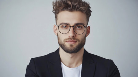 A man with curly hair, a beard, and round glasses, wearing a black blazer over a white shirt, looking directly at the camera.の素材