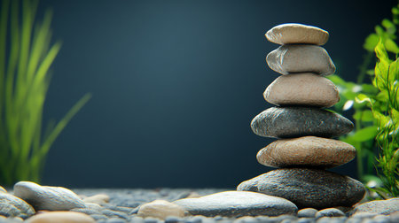 A balanced stack of smooth, rounded stones in earthy tones, creating a zen-like rock pile with a textured surface.の素材