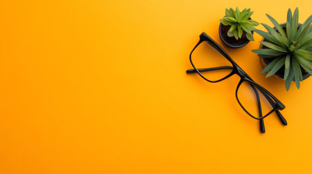 Black plastic-framed eyeglasses with clear lenses, positioned next to two small green potted plants. One plant has spiky leaves, the other rounded.の素材