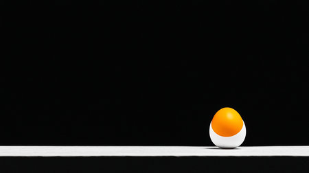 A single, stylized egg with a white base and an orange top stands upright on a textured white surface against a black background.の素材