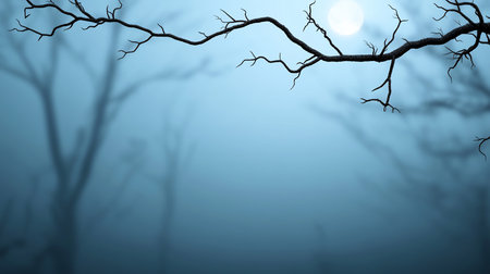 Dark, bare tree branches with a rough texture are silhouetted against a foggy, blue-toned sky with a bright, full moon.の素材