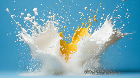 A dynamic splash of white milk and yellow liquid colliding, creating droplets and intricate patterns against a vibrant blue background.の素材