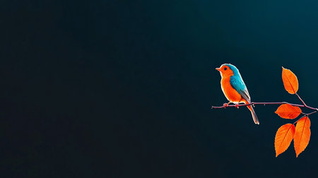 A small, brightly colored bird with orange and turquoise plumage sits on a thin branch, accompanied by vibrant orange autumn leaves.の素材