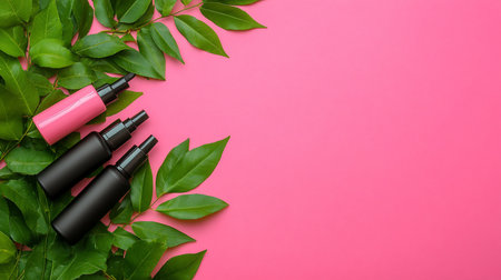 One glossy pink and two matte black spray bottles with black nozzles, partially nestled among fresh green leaves.の素材