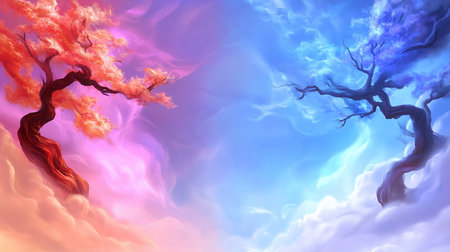 A vibrant digital painting showcases two distinct trees, one adorned with fiery red foliage and the other with icy blue leaves, set against a backdrop of ethereal, swirling clouds.の素材