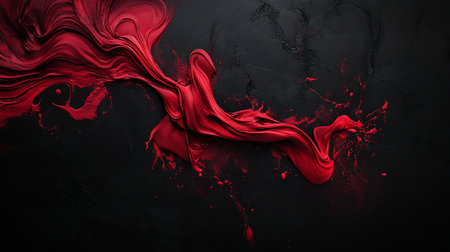 Vibrant, thick crimson liquid flows dynamically, forming intricate waves and textured splatters. Its rich, glossy appearance creates a striking visual.の素材