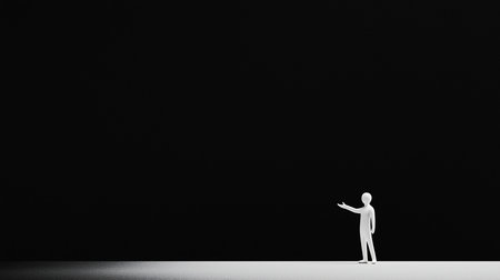A white, stylized humanoid figure stands with one arm extended, palm up, in a presenting gesture, against a stark black background.の素材