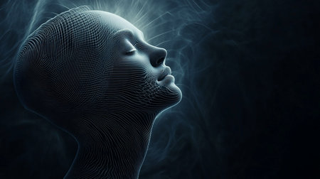 Abstract wireframe rendering of a woman's head and neck in profile, eyes closed, with a glowing light emanating from above.の素材