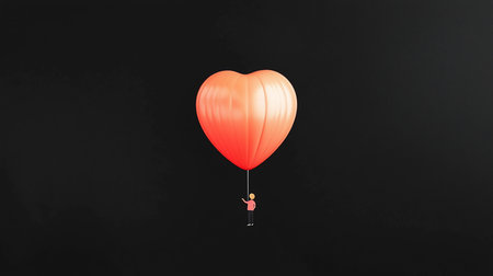 A miniature figure in a pink shirt and dark pants holds a string attached to a large, segmented orange heart-shaped balloon.の素材