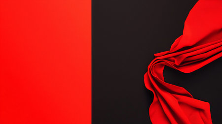 Luxurious red ribbed textile, gracefully folded and flowing, creating dynamic curves and soft highlights on its textured surface.の素材