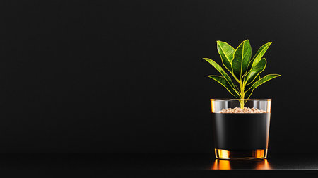 A lush green plant with bright yellow-edged leaves thrives in a stylish black pot with a gleaming gold base and rim, filled with small pebbles.の素材