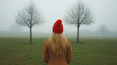Back view of a blonde woman wearing a bright red knitted beanie with a pom-pom and a brown coat, standing in a misty green field with bare trees.の素材