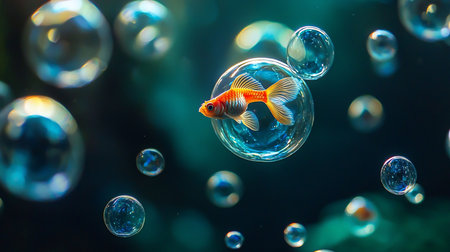 A small, bright orange goldfish with shimmering scales and flowing fins, suspended within a perfectly spherical, translucent bubble.の素材